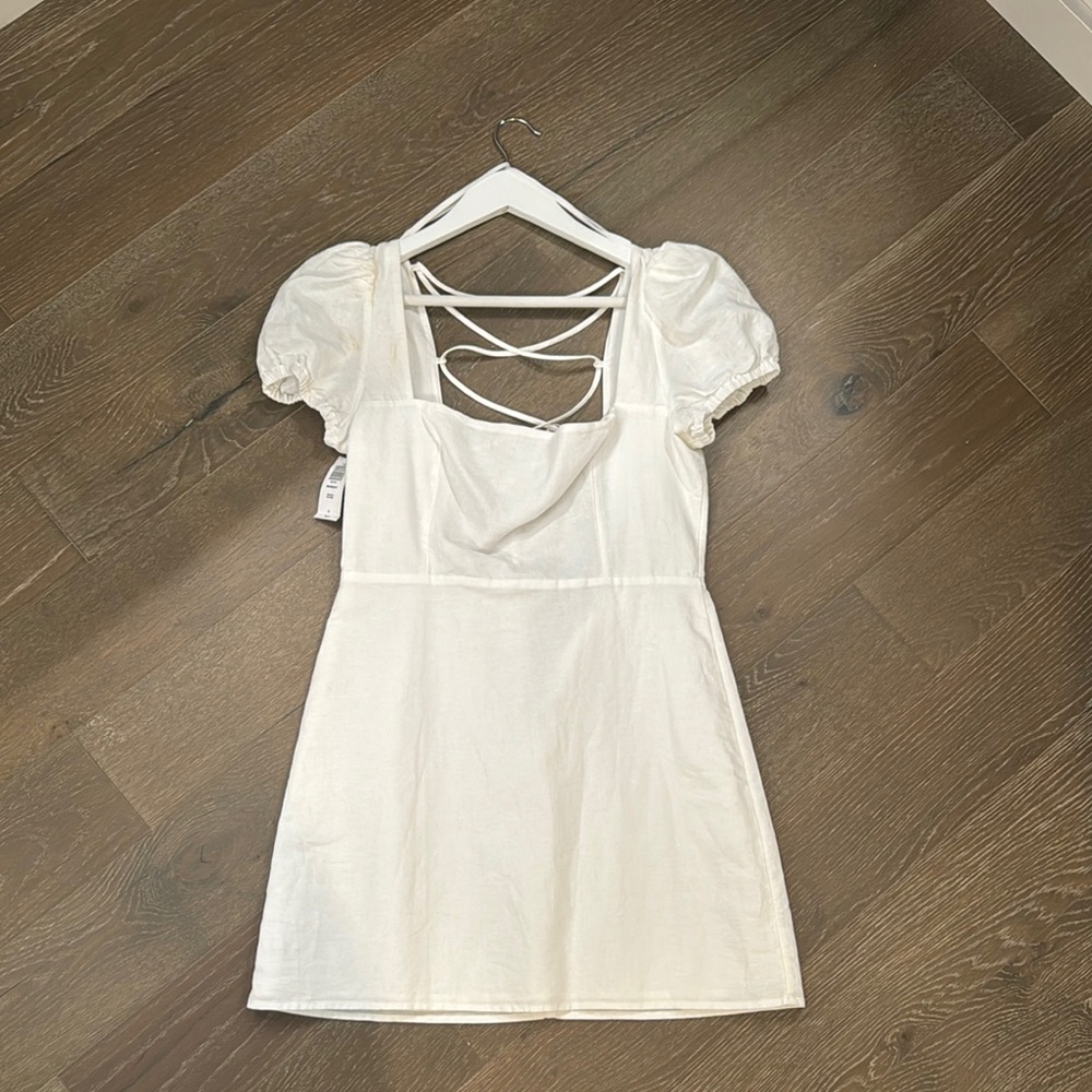 White Puff Sleeve Dress with Lace-Up Back
